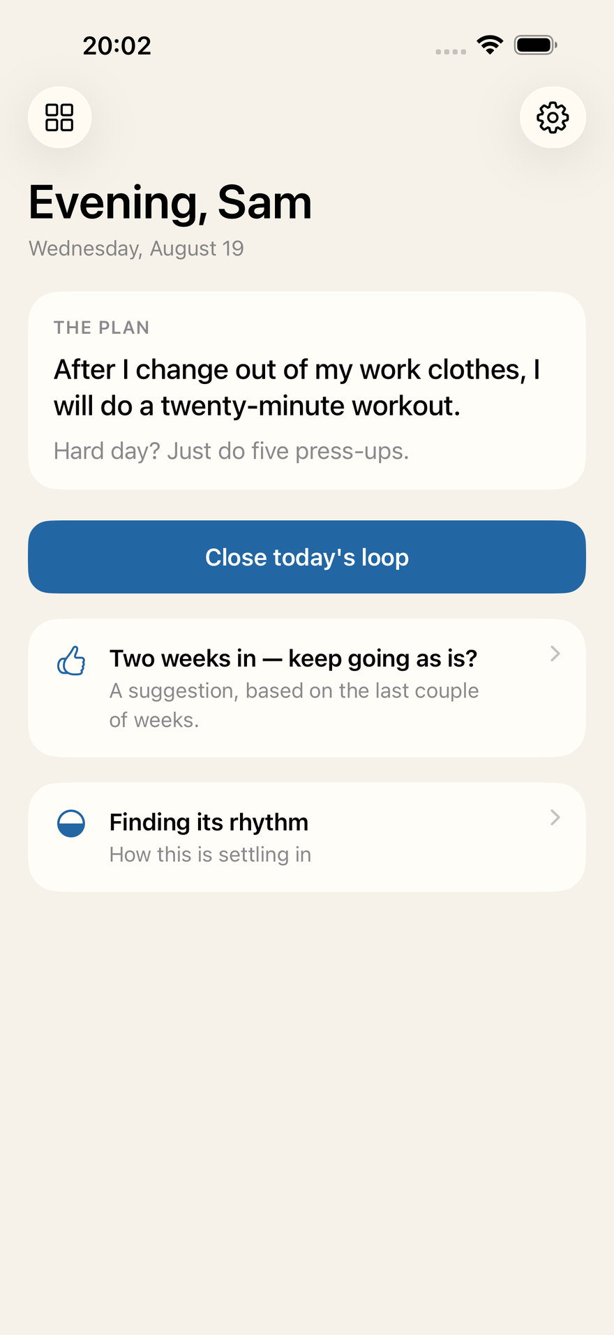 The Mini Loops daily screen showing an exercise plan with a hard-day version.