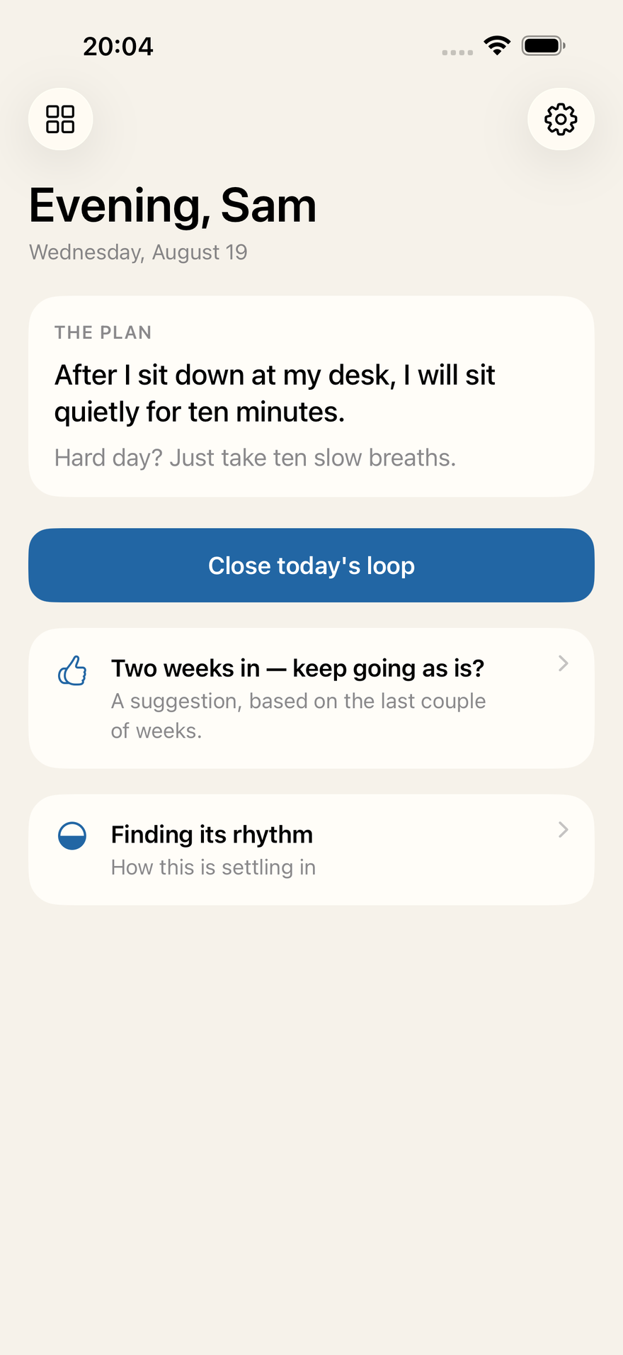 The Mini Loops daily screen showing a meditation plan with a hard-day version.