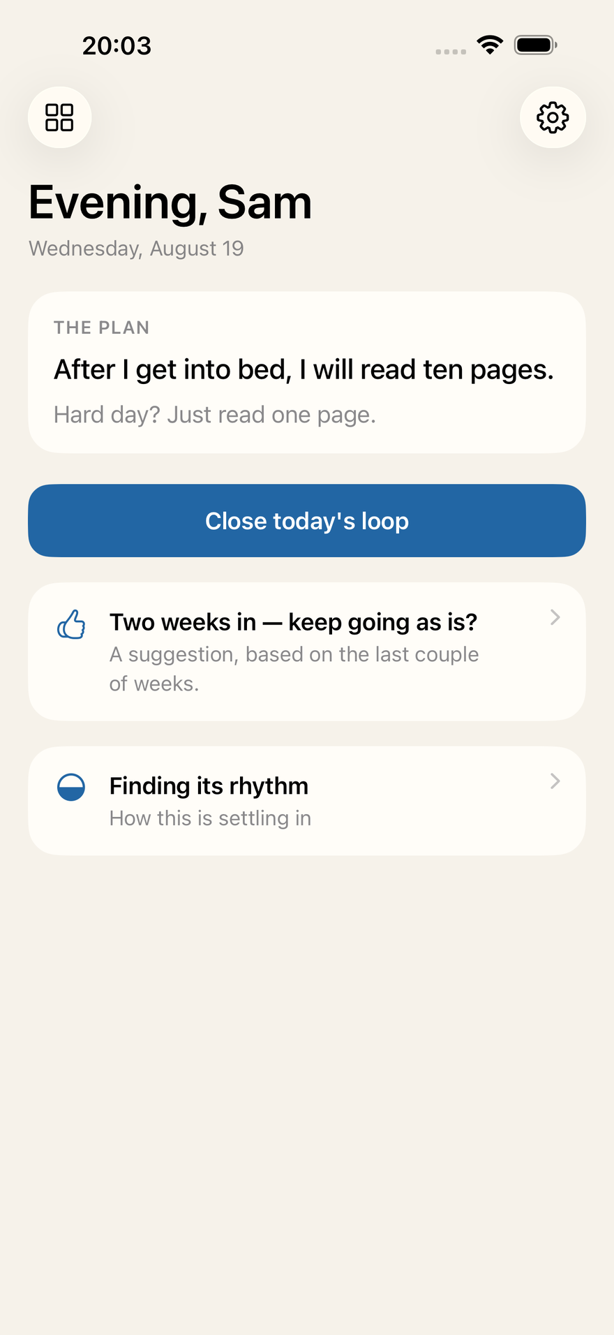 The Mini Loops daily screen showing the plan: after I get into bed, I will read ten pages, and one page on a hard day.