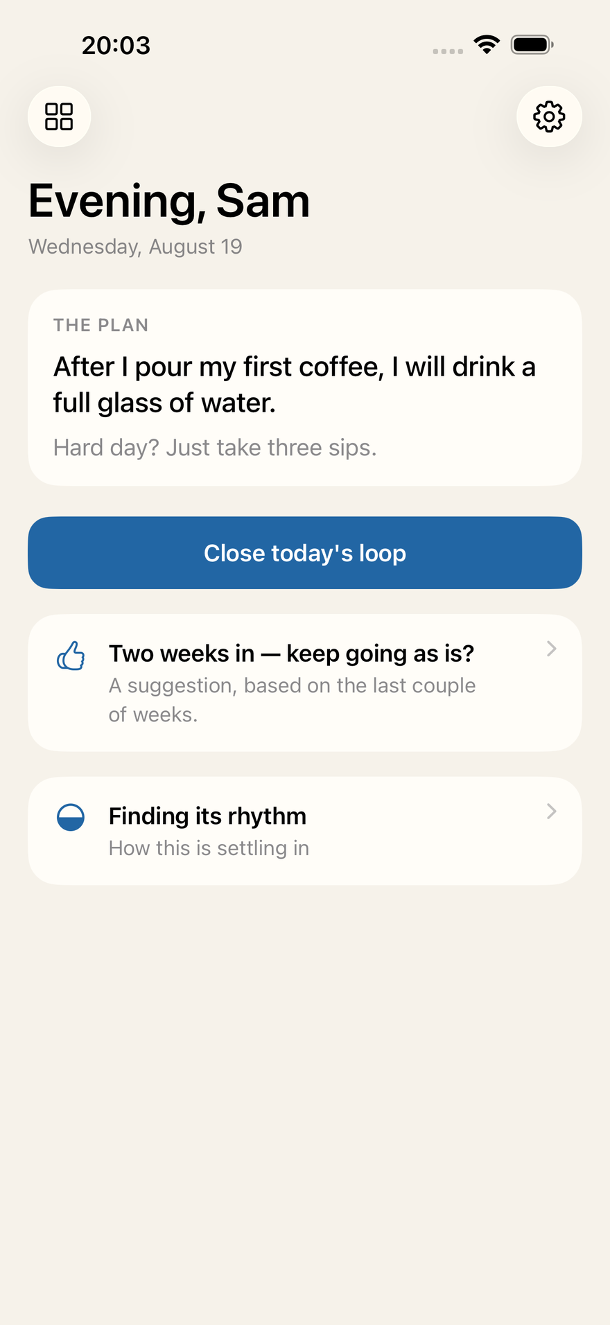 The Mini Loops daily screen showing a water plan attached to a moment.